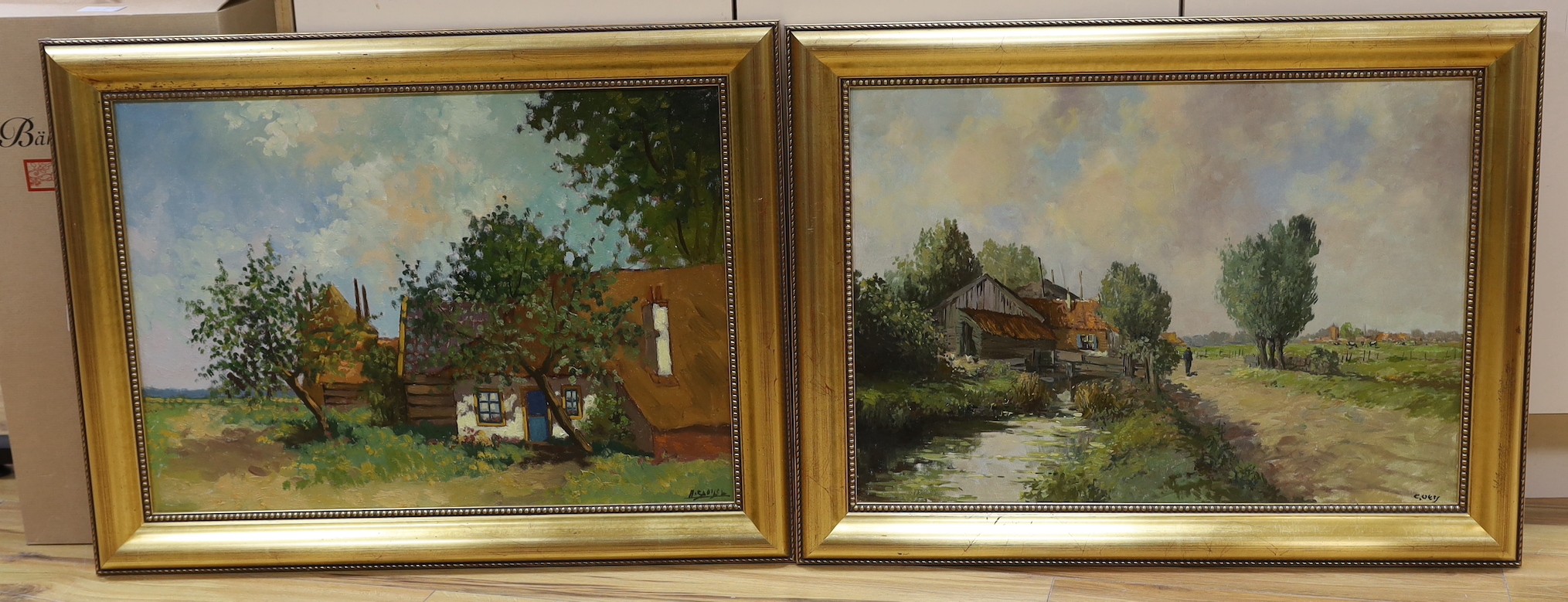 Goey (Dutch School), pair of oils on canvas, Rustic landscapes, signed, 49 x 69cm